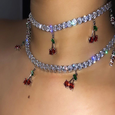 YWZIXLN Boho Bling Rhinestone Cherry Pendant Fashion Necklaces Bijoux Chain Choker Crystal Collar Girls Hiphop Jewelry N083 ► Photo 1/4
