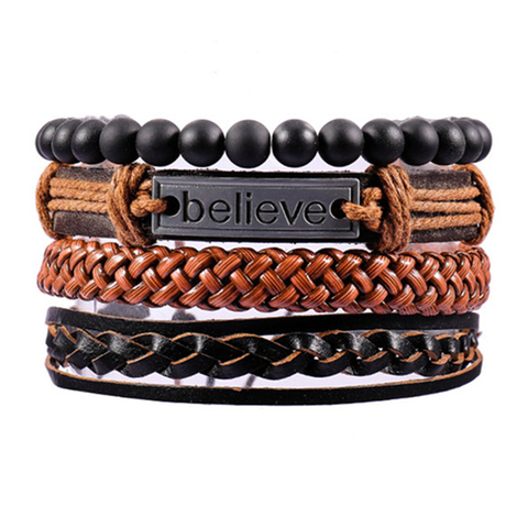 1Set 3/4Pcs Mix Leather Bracelet Men Multi-layer Bracelet Ladies Punk Casual Mens Bracelets Jewelry Accessories Classic Pulseira ► Photo 1/1