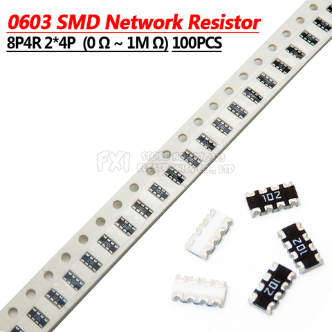 100pcs 0603 2*4 8P4R 2*4P 5% Network Resistor SMD array 0 ohm ~ 910K 2K 2.2K 4.7K 10K 22K 47K 100K 1M 1 10 100 220 470 ohms ► Photo 1/1