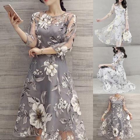 Midi Dress Women O Neck 3/4 Mesh Sleeve Floral Print Large Swing Double Layer Midi Dress Elegant Lady Dress Sexy Women Summer Dr ► Photo 1/6