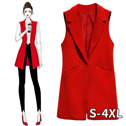 Women Long Suit Vest Plus Size Sleeveless Jacket Red Solid Color Black Office Lady Tops Waistcoat Women Vest With Pocket ► Photo 1/6