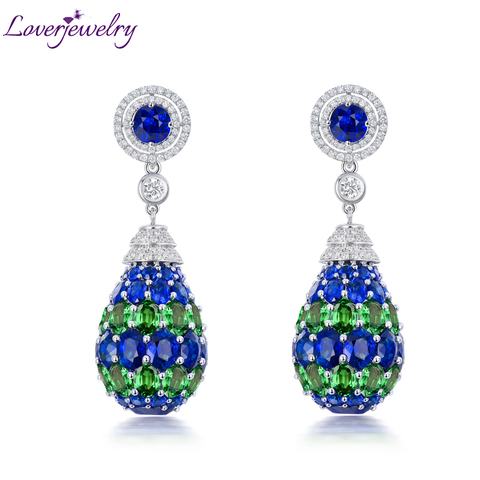 LOVERJEWELRY Luxury Jewelry Solid 18KT White Gold Blue Sapphire Drop Earrings Tsavorite Diamond Earrings For Women Party Wedding ► Photo 1/6