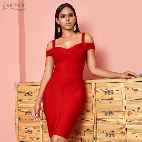 ADYCE Off Shoulder Bodycon Bandage Dress Women Sexy Red Spaghetti Strap Knee Length Club Celebrity Evening Runway Party Dresses ► Photo 1/6