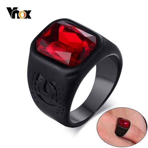 Vnox Punk Mens Reality Stone Ring Black Stainless Steel anillo masculino Alliance with Red Infinity Stones Male Accessory ► Photo 1/6