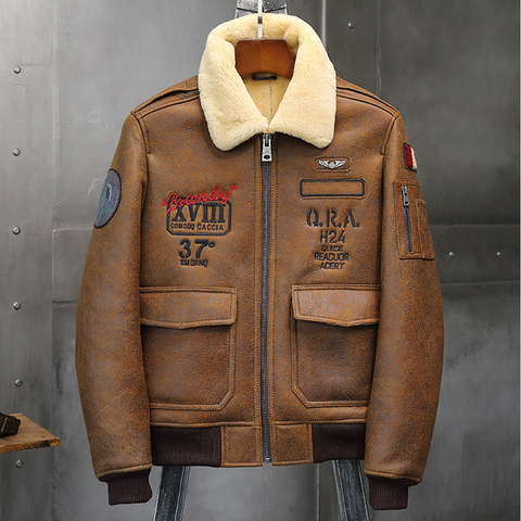 2022 Mens Brown Shearling Jacket Leather Jacket Fur Coat B6 Airforce Flight Jacket Mens Winter Coats ► Photo 1/6