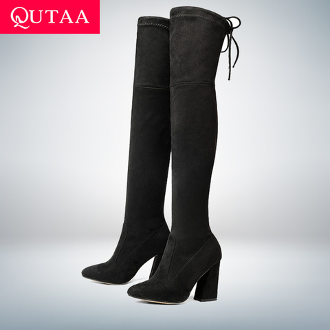 QUTAA 2022 New Flock Leather Women Over The Knee Boots Lace Up Sexy High Heels Autumn Woman Shoes Winter Women Boots Size 34-43 ► Photo 1/6