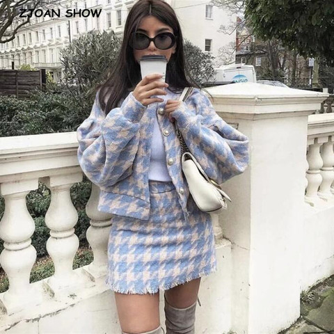 Vintage Sweet Women Pearl Button Check Gingham Plaid Blazer High Waist A line Mini Short Skirts Long Sleeve Suits 2 Pieces Set ► Photo 1/6