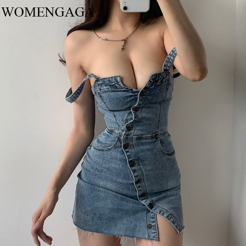 2022 Summer New Hot Europe Girl Female Blue Cowboy Single Row Of Buttons Sexy Irregular Korea Mini Denim Tank Dress WRTQ ► Photo 1/5