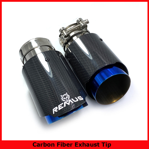 1PCS Car Exhaust Tail Pipe Glossy Carbon Tail End Blue Stainless Steel Straight Muffler Tip Flange With Remus Logo For Bmw F30 ► Photo 1/6