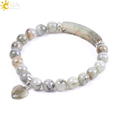 CSJA Natural Stone Bracelet Trendy Handmade Beaded Bangle Labradorite Beads Rectangle Love Heart for Women Men Yoga Jewelry F103 ► Photo 1/6