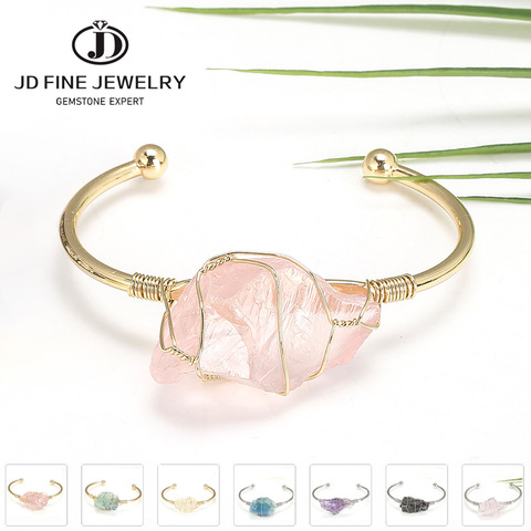 JD Natural Stone Bangle Gold-color Wire Wrap Irregular Crystal Quartz Cuff Bangles Bracelets  Fastion  Gemstone   Jewelry Gift ► Photo 1/6