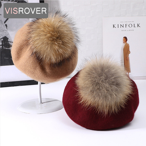 VISROVER New Unisex 100% Wool Winter Beret Solid fur Pompom Autumn Hat Winter Cap Spring Punk Beret Hat Real Fur Beret Wholesale ► Photo 1/6