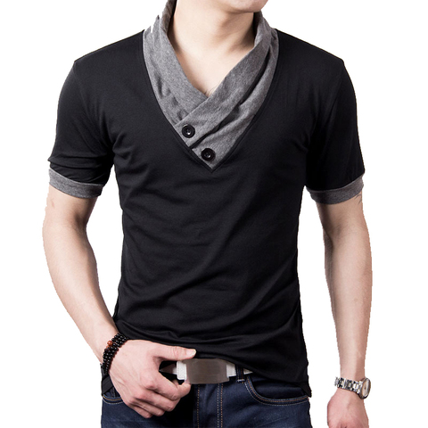 New Plus Size Summer Mens T-Shirts Fashion 2022 Slim Short Sleeve Patchwork V Neck Cotton Black T Shirt Men Button Tops & Tees ► Photo 1/6