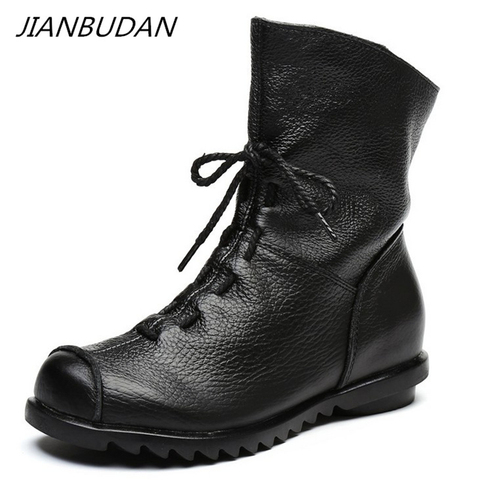 JIANBUDAN/ Genuine Leather Plush women's short Boots Retro Casual Autumn Winter Women's Boots Waterproof leather warm Snow boots ► Photo 1/6