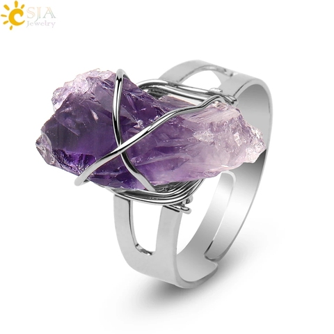 CSJA Women Ring Natural Stone Irregular Crystal Silver Color Wire Wrapped Adjustable Open Rings Reiki Fashion Jewelry Party G559 ► Photo 1/6