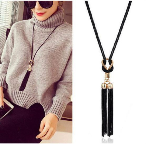 2022 New Boho Shiny Black Long Necklace Women Kpop Simple Tassel Sweater Chain Fashion Joker Lady Neck Decoration ► Photo 1/6