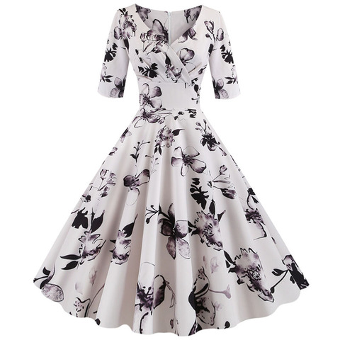 Women flower print Autumn dress Casual Winter half sleeve Elegant Vintage dress Robe femme plus size pinup office party vestidos ► Photo 1/6