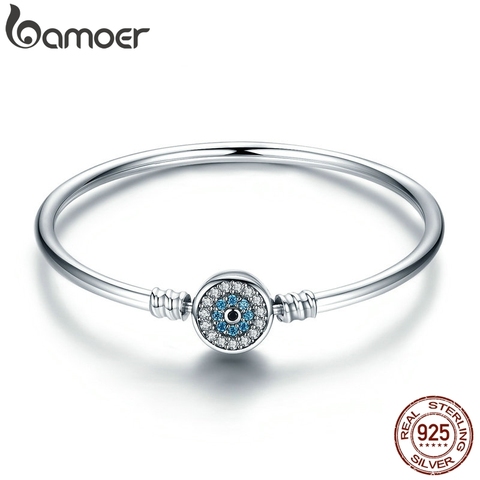 BAMOER High Quality Authentic 925 Sterling Silver Blue Eyes Clear CZ Snake Chain Heart Bangle & Bracelet Luxury Jewelry SCB012 ► Photo 1/6