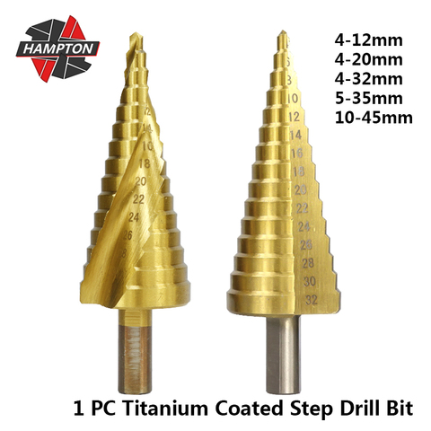 Hampton 1pc HSS 4-12 4-20 4-32 5-35 10-45 Titanium Coated Step Drill Bit For Wood Hole Cutter Triangle Shank Core Drill Bit ► Photo 1/6