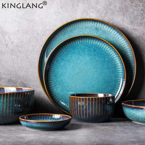 KINGLANG Nordic Style Kiln Glazed Ceramic Rice Salad Bowl Soup Bowl Round Dish Dinner Plate Tableware ► Photo 1/6