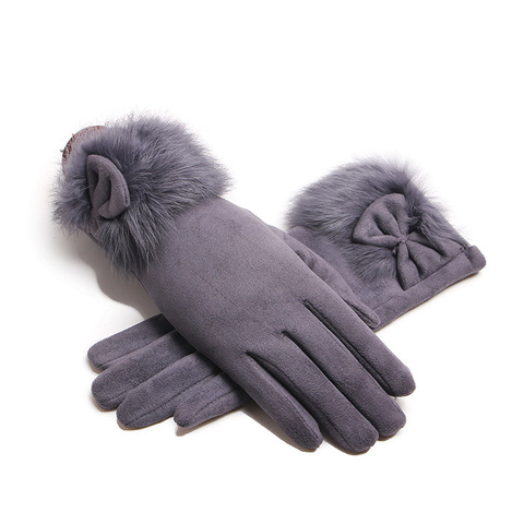 Winter Female Suede Leather Bow Plush Wrist Mitten Women Thick Plus Plush Windproof Warm Touch Screen Driving Gloves J22 ► Photo 1/6