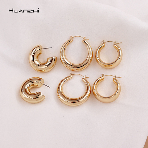 HUANZHI 2022 New Minimalist Gold Metal Large Circle Geometric Round C shape Hoop Earrings for Women Girls Jewelry GIfts ► Photo 1/6