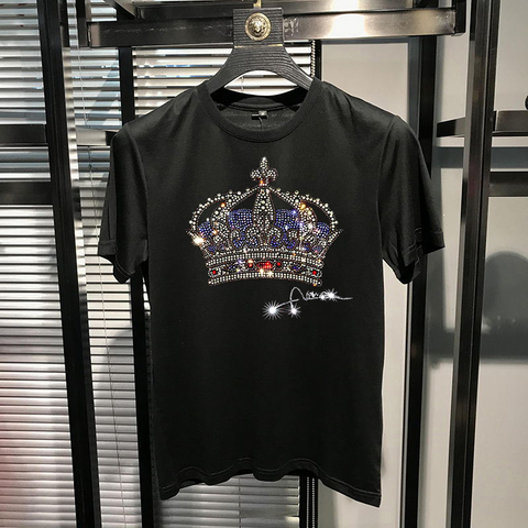 Trendy Crown Printing Pattern Hot Diamond Loose Sweatshirt Men's T-Shirt Pure Cotton Breathable Round Neck Personalized Top ► Photo 1/6