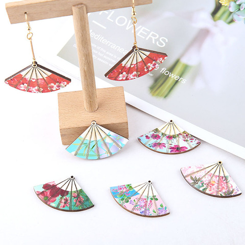 10pcs 29*46mm Wooden Flower Fan Charms Fan shape Dangle Pendants For DIY Handmade Earring Necklace Bracelet Jewelry Making YZ720 ► Photo 1/6