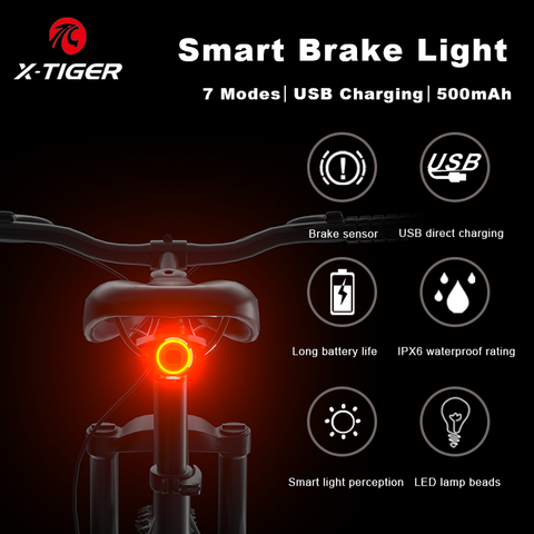 X-TIGER Bike Smart Brake Sensing Light IPX6 Waterproof MTB Bicycle Auto Light Rear USB Charging Cycling Taillight With COB LED ► Photo 1/6