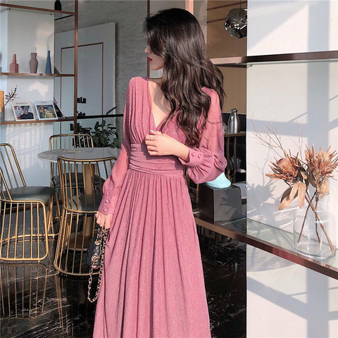 Women Dress Autumn V-Neck Long Sleeve Shiny Midi Dress A-Line Evening Night Party Elegant Dress Red Black Pink vestidos 2022 ► Photo 1/6