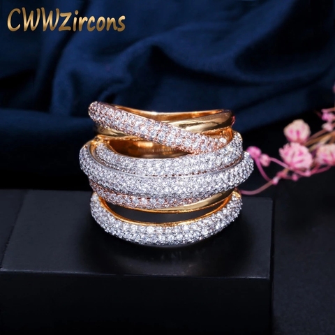 CWWZircons Luxury Designer 3 Tones Gold Geometry Cubic Zironium Big Wedding Engagement Bridal Finger Ring Jewelry Addiction R059 ► Photo 1/6