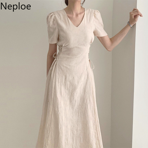 Neploe Korean Style Temperament Dresses Solid V-neck Short Puff Sleeve Bandage Vestidos 2022 Summer Elegant Fashion Dress 1B802 ► Photo 1/6