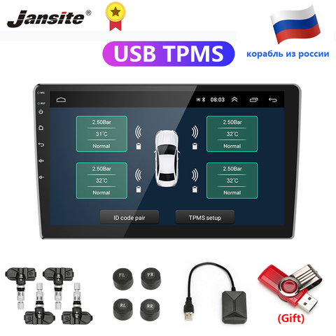 Jansite USB Android TPMS Car Tire Pressure Alarm Monitor System For vehicle Android player Temperature Warning with four sensors ► Photo 1/6