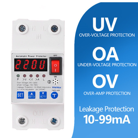 63A Leakage Protection  Circuit Breaker Over And Under Voltage Over Current Leakage Protection Surge Protect Protector ► Photo 1/6