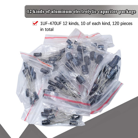 120pcs 12 value kit 1uF-470uF Electrolytic Capacitor Package  1UF 2.2UF 3.3UF 4.7UF 10UF 22UF 33UF 47UF 100UF 220UF ► Photo 1/6