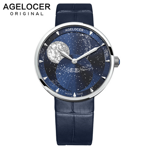 AGELOCER Swiss Brand Ladies Real Moonphase Watch Women Sapphire Waterproof Blue Leather Wrist Watches Moon phase Bracelet 6504A1 ► Photo 1/6