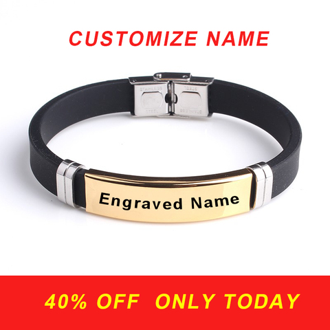 Fashion personality custom made logo engrave name bracelet Gold color Smooth Silicone 316L Stainless Steel bracelets for men ► Photo 1/5