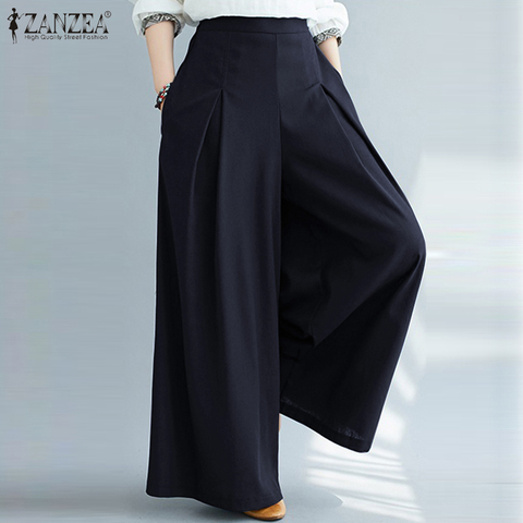 ZANZEA Women Elastic Waist Wide Leg Pants Loose Autumn Trousers Culottes Elegant Office Ladies Casual Palazzo Work Pantalon 5XL ► Photo 1/6