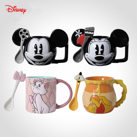 Disney Fashion Cute Cartoon Ceramic Water Cup Mickey Minnie Mary Cat Pooh with Spoon Mug coffee cup ► Photo 1/5