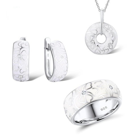 Jewelry Set For Women Enamel White Flower CZ Ring Earrings Pendant Fashion Jewelry ► Photo 1/5