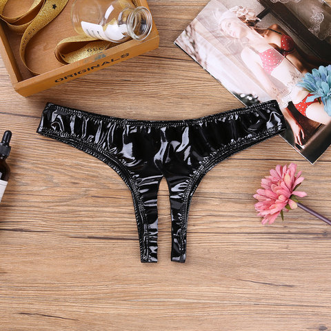 iEFiEL Fashion Black Women Female Lingerie Wet Look Patent Leather Open Crotch High Cut Mini Briefs Underwear Culbwear Briefs ► Photo 1/6