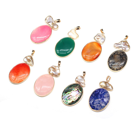 Natural Stone Agates Charms Egg Shape and Pearl Pendants for DIY Necklace Accessories Jewelry Making Women Gift Size 30x76mm ► Photo 1/6