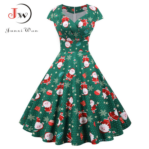 Christmas Party Dress Women 2022 Short Sleeve V Neck Elegant Vintage Print Xmas New Year Prom Sundress Plus Size 3XL Robe ► Photo 1/6