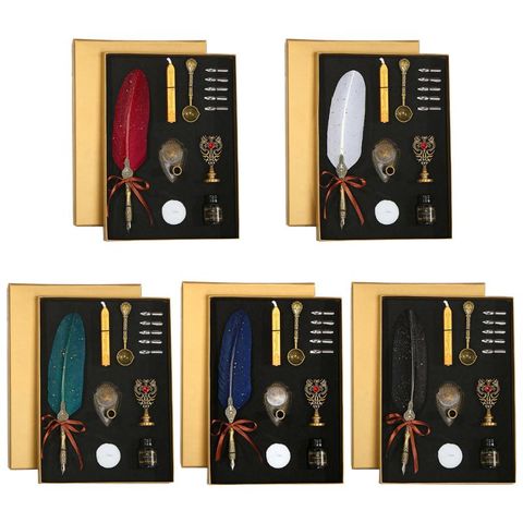 Sprinkle Gold Luxury Vintage Feather Quill Dip Calligraphy Fountain Pen Writing Ink 5 Nibs Set Stationery Gift Box #917 ► Photo 1/1