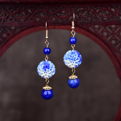 Fashion Simple Blue And White Ceramics Synthetic Flower Eardrop Classical Temperamental The Tang Dynasty Girlish Earrings ► Photo 1/6