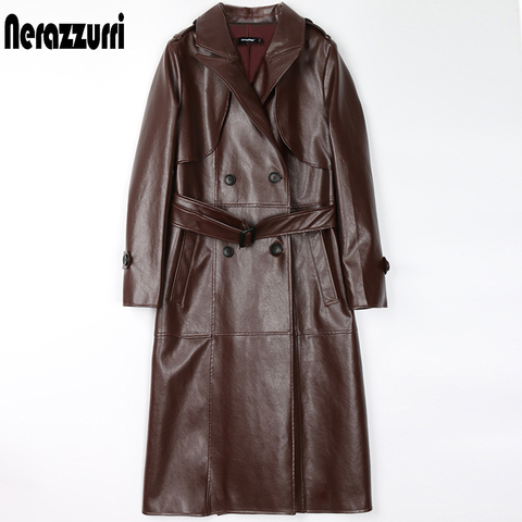 Nerazzurri Long black faux leather trench coat for women long sleeve belt Double breasted plus size womens fall fashion 2022 7xl ► Photo 1/6