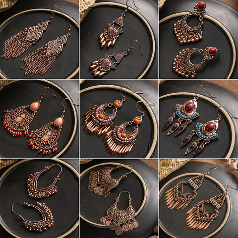 Bohemia Rose Gold Tassel Fringe Drop Earrings for Women Vintage Ethnic Natural Stones Round Geometric Earrings Female Jewelry ► Photo 1/6