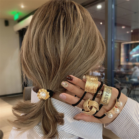 Fashion Women Gold Alloy Hair Ties For Girls Ponytail Holder Pearl Elastic Hair Ropes Bands Punk Gothic Letter Hair Accessories ► Photo 1/6