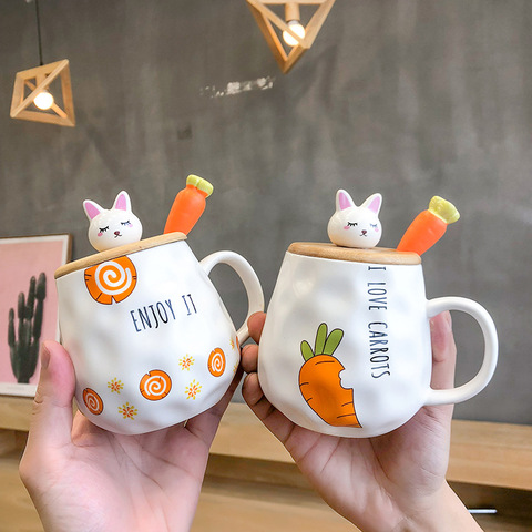 Popular Cartoon Radish Rabbit Wooden Lid Ceramic Cup Cute Radish Spoon Cup Mug Men and Women Students Couple Cup ► Photo 1/5