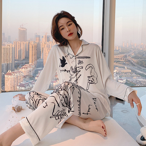 2022 Spring Women's Pajamas Set Luxury Style Fashion Natural Animal Graffiti Sleepwear Silk Like Leisure Home Clothes Nightwear ► Photo 1/6